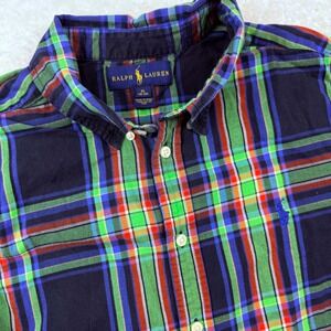 Ralph Lauren Boys XL 18-20 Plaid Short Sleeve Button Down Shirt Navy Green Multi
